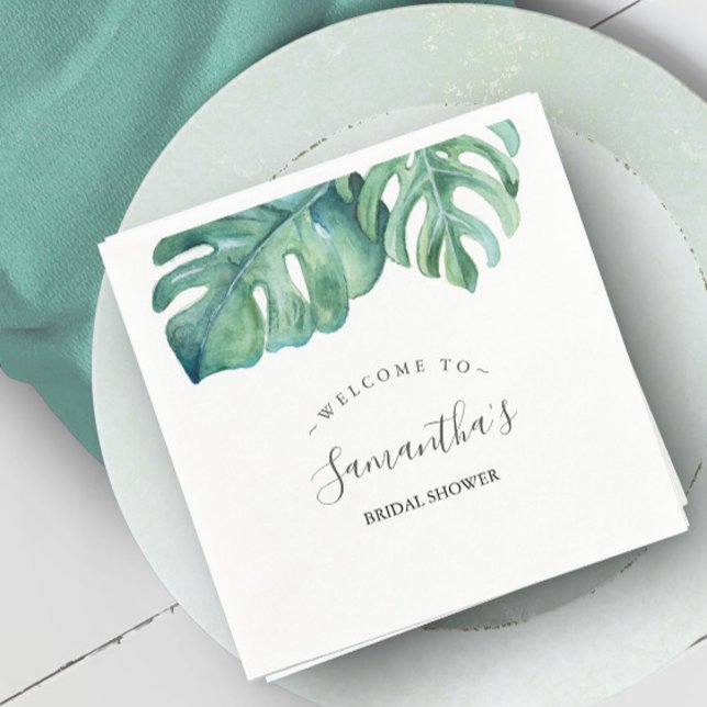 Tropiskt tema Möhippa Handflatan Löv Pappersservett (Personalized napkins tropical bridal shower watercolor monstera leaf by Victoria Grigaliunas)