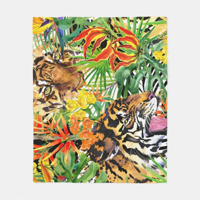 Tropiskt tigervatten, vattenfärg Jungle Mönster Fleecefilt (Framsidan)