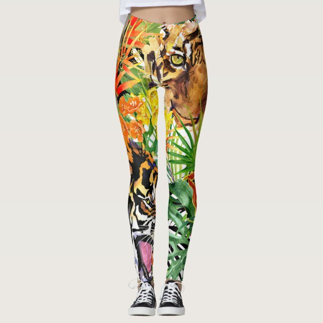 Tropiskt tigervatten, vattenfärg Jungle Mönster Leggings (Framsida)