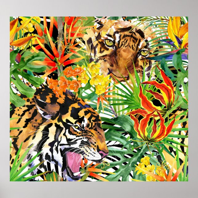 Tropiskt tigervatten, vattenfärg Jungle Mönster Poster (Framsidan)