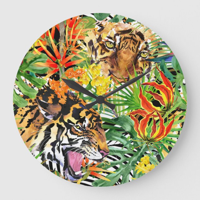 Tropiskt tigervatten, vattenfärg Jungle Mönster Stor Klocka (Framsida)