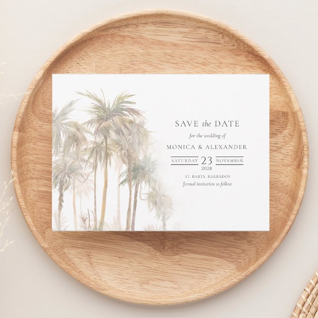 Tropiskt Träd-typografi sparar datumet Spara Datumet (Simple Palm Tree Tropical Watercolor Save the Date Wedding Announcement)