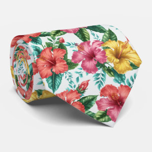 Tropiskt Trädgårdsmönster med Hibiskusblommor Slips
