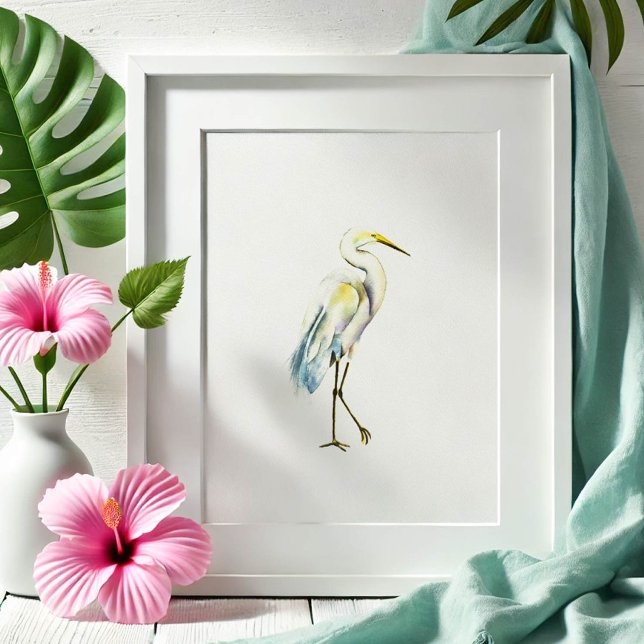 Tropiskt Underbart Vita öron Beach Art Poster (Watercolor painting by Victoria Grigaliunas great white heron beach art. Order prints. )