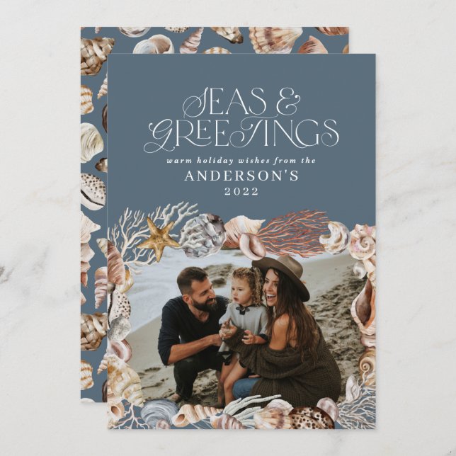 Tropiskt varmt Julhav hälsning fotoblått  Julkort (Fram/baksida)