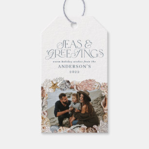 Tropiskt varmt Julhav hälsning fotoblått Presentetikett