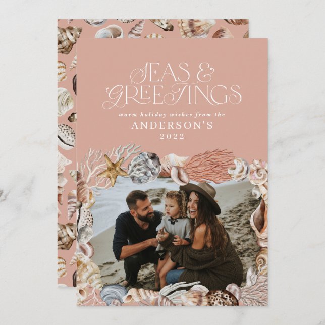 Tropiskt varmt Julhav hälsning fotorosa Julkort (Fram/baksida)