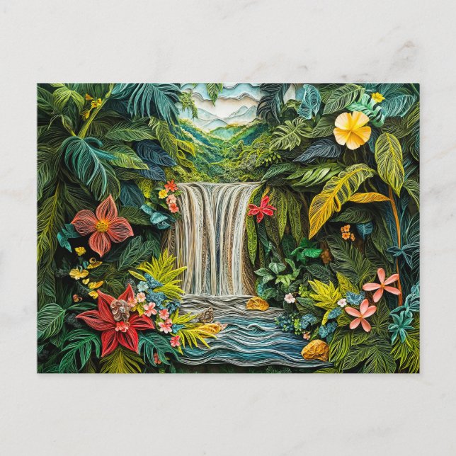 Tropiskt vattenfall i livfull Quilling-stil Vykort (Framsida)