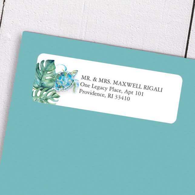 Tropiskt Vattenfärg Havssköldpadda Returadress  Etikett (Sea turtle return address labels watercolor art and design by Victoria Grigalunas)