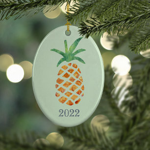 Tropiskt vattenfärgad ananas-Grönt - nyckelår Julgransprydnad Keramik