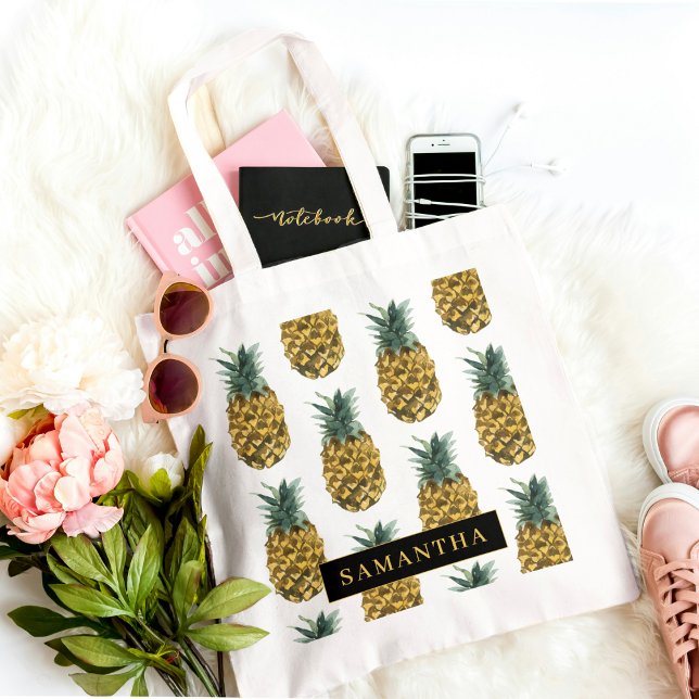 Tropiskt vattenfärgad ananas Mönster med Namn Tygkasse (Skapare uppladdad)