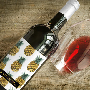 Tropiskt vattenfärgad ananas Mönster med Namn Vinflaska Etikett
