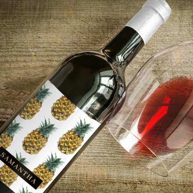 Tropiskt vattenfärgad ananas Mönster med Namn Vinflaska Etikett (Skapare uppladdad)