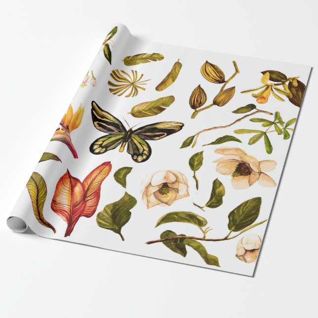 Tropiskt vattenfärgad Vintage uppsatt med isolerad Presentpapper (Utrullad)