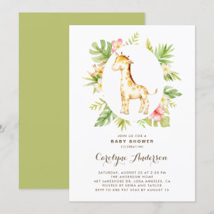 Tropiskt vattenfärgat Giraffe Summer Baby Shower Inbjudningar