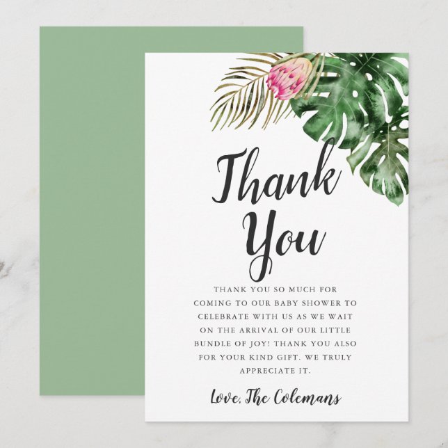 Tropiskt vattenfärgat Greenery Baby Shower Tack Kort (Fram/baksida)