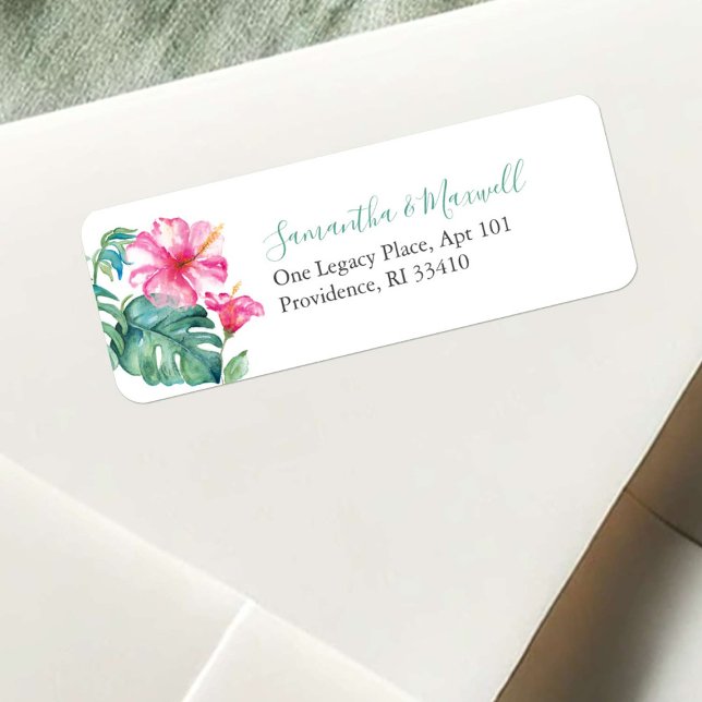 Tropiskt vattenfärgat Hibiscus Flower Returadress Etikett (Return address labels pink Hawaiian flower palm leaf art by Victoria Grigaliunas)