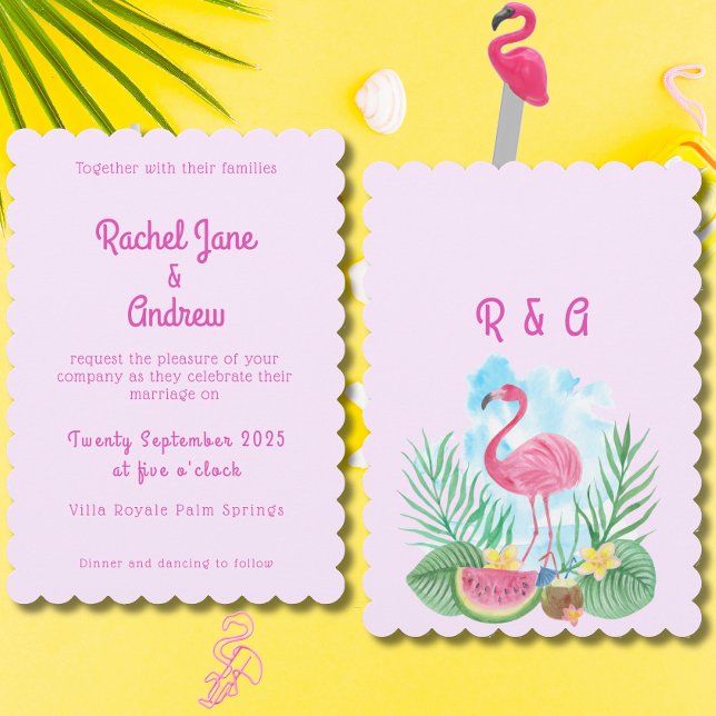 Tropiskt vattenfärgeflamingo Rosa Handflatan Bröll Inbjudningar (Tropical Watercolor Flamingo Pink Palm Wedding Invitation)