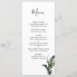 Tropiskt vattenfärgsblad Foliage Bröllop Menu Meny