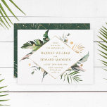 Tropiskt vattenfärgsblad Guld Bröllop Inbjudningar<br><div class="desc">Den här bröllopsinbjudan innehåller löv från handflatan träd,  löv av bananer,  exotiska tropiska löv,  guld löv med en guld diamantform ram,  och en grönt och guld på baksidan. Perfekt för tropiska händelser,  destinationer,  sommar,  badstränder eller andra liknande händelser.</div>