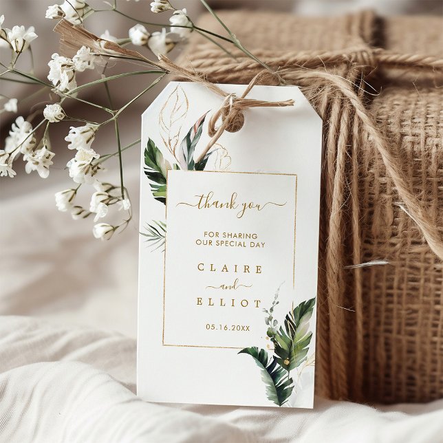 Tropiskt vattenfärgsblad Guld Bröllop Tack Presentetikett (Skapare uppladdad)