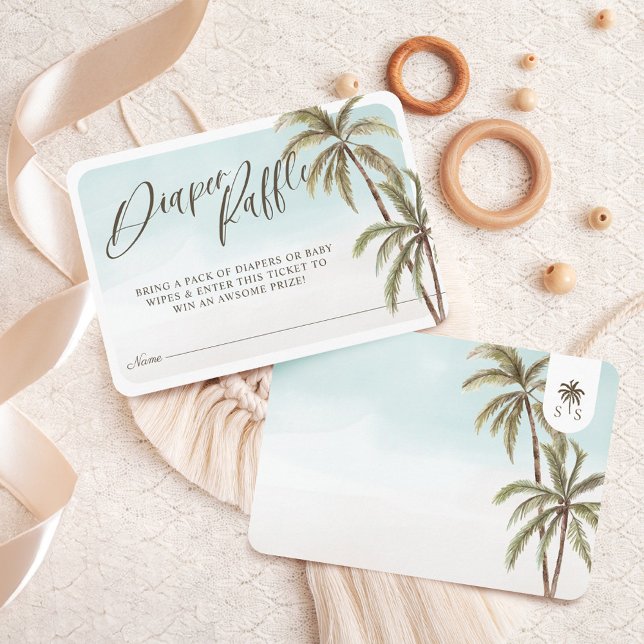 Tropiskt vattenfärgsblad i Handflatan Träd Raffle Tilläggskort (Tropical Watercolor Palm Trees Diaper Raffle Enclosure Card)