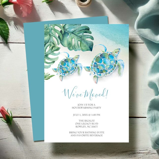 Tropiskt vattenfärgsblock Houseworp Party Inbjudningar (New address moving announcement cards tropical beach seat turtle watercolor Victoria Grigaliunas)