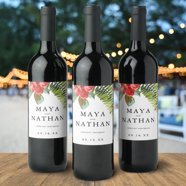 Tropiskt vattenfärgsblomma Personlig för blommiga  Vinflaska Etikett (Tropical Watercolor Flower Greenery Personalized Wine Label)