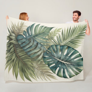 Tropiskt vattenfärgsbunt Monstera Handflatan Löv I Fleecefilt
