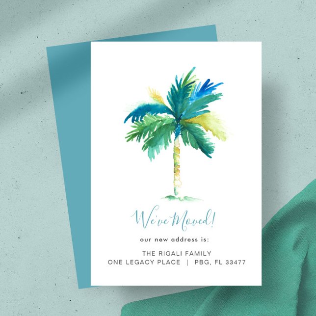 Tropiskt vattenfärgsbyte Handflatan Träd, förändri Meddelande (New home moving announcements feature watercolor palm tree art by Victoria Grigaliunas DoTellABelle)