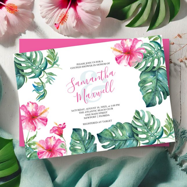 Tropiskt vattenfärgsfilter Hibiscus Flower Par Sho (Bright wedding invitations watercolor pink hibiscus flowers and palm leaves by Victoria Grigaliunas)
