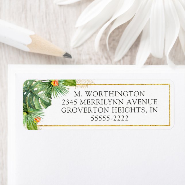 Tropiskt vattenfärgsflytande Foliage Blommigt Guld Returadress Etikett (Insitu)