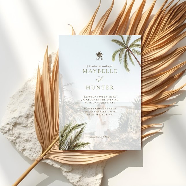 Tropiskt vattenfärgsfoto Handflatan Träd Boho Bröl Inbjudningar (Tropical Watercolor Palm Trees Boho Wedding Photo Invitation)