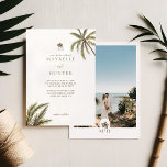 Tropiskt vattenfärgsfoto Handflatan Träd Boho Bröl Inbjudningar<br><div class="desc">Inbjudan dina gäster till ditt vackra badbröllop med vår foto-boho-inbjudan till tropisk strand. Utformningen har vårt handmålade vattenfärgsfärg handflatan träd med handflatan träd monogram. Vår boho tropical bröllop är perfekt för ett strandtema eller ett målbröllop. Den omvända sidan har ett stort foto för att visning ditt speciella foto, tillsammans med...</div>