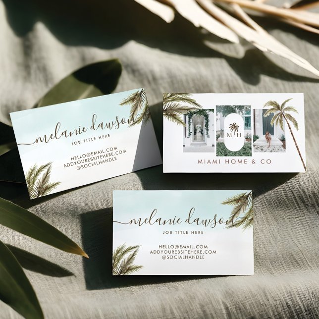 Tropiskt vattenfärgsfoto i Handflatan Träd Boho Visitkort (Tropical Watercolor Palm Trees Boho Photo Business Card)