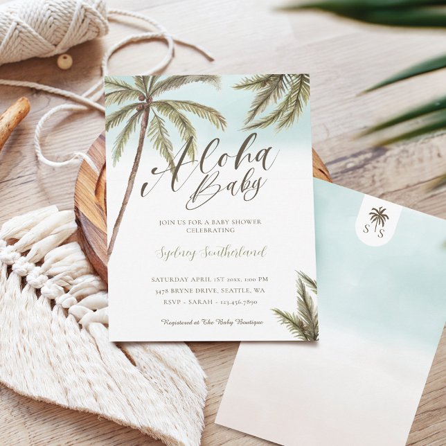Tropiskt vattenfärgsprogram i Handflatan Träd Aloh Inbjudningar (Tropical Watercolor Palm Trees Aloha Baby Shower Invitation)