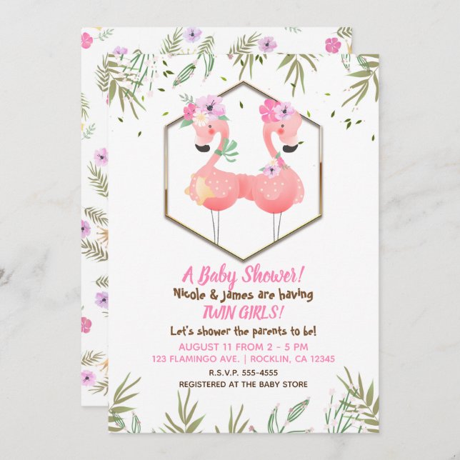 Tropiskt vattenfärgsprogram Två Rosa Flamingos Bab Inbjudningar (Fram/baksida)