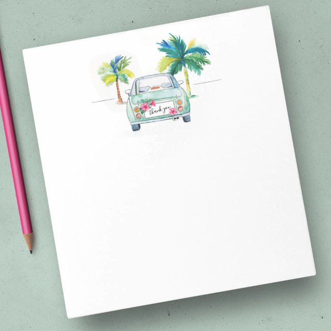 Tropiskt vattenfärgsskikt Handflatan Träd-bil Anteckningsblock (Cute notepad thank you watercolor car and palm tree art by Victoria Grigaliunas of Do Tell A Belle)
