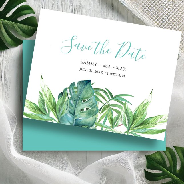 Tropiskt vattenfärgssparade datum utan foto spara datumet (Save the dates watercolor tropical leaves destination weddings Victoria Grigaliunas DoTellABelle)