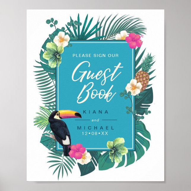 Tropiskt vattenfärgstecken Guest Bok Teal ID577 Poster (Framsidan)
