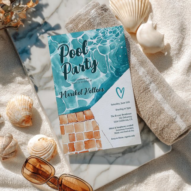 Tropiskt vattenfärgsvett 16 Bassäng Party-födelsed Inbjudningar (Tropical Watercolor Sweet 16 Pool Party Birthday Invitation)