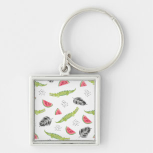 Tropiskt vattenmelon- & krokodilmönster fyrkantig silverfärgad nyckelring
