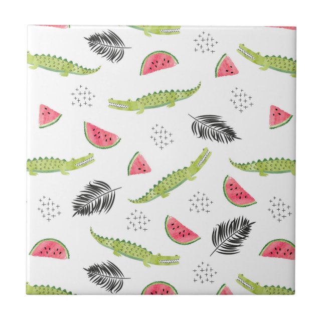 Tropiskt vattenmelon- & krokodilmönster kakelplatta (Framsidan)