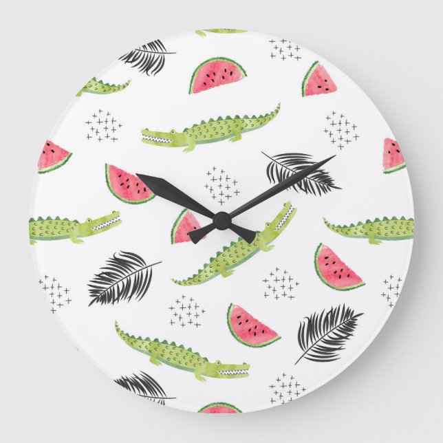 Tropiskt vattenmelon- & krokodilmönster stor klocka (Framsida)