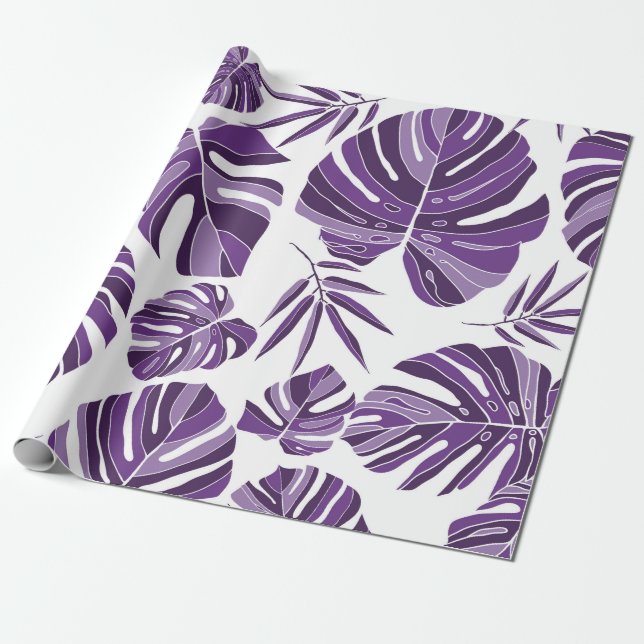 Tropiskt violett monstera löv utan sömn mönster w presentpapper (Utrullad)