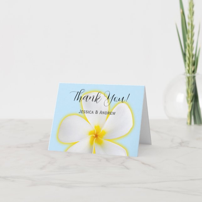 Tropiskt, vitt och Gult Plumeria, Blommigt Bröllop Tack Kort (Framsida)