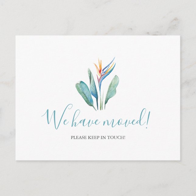 Tropiskt vykort för vattenfärg-Vi har flyttat (Framsida)