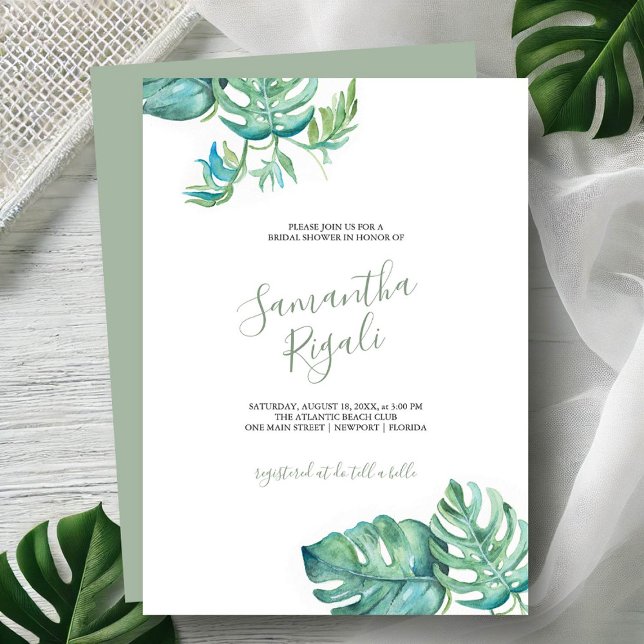 Tropiskt Watercolor Greenery Möhippa Inbjudan (Tropical bridal shower invitations watercolor monstera leaf art Victoria Grigaliunas DoTellABelle)
