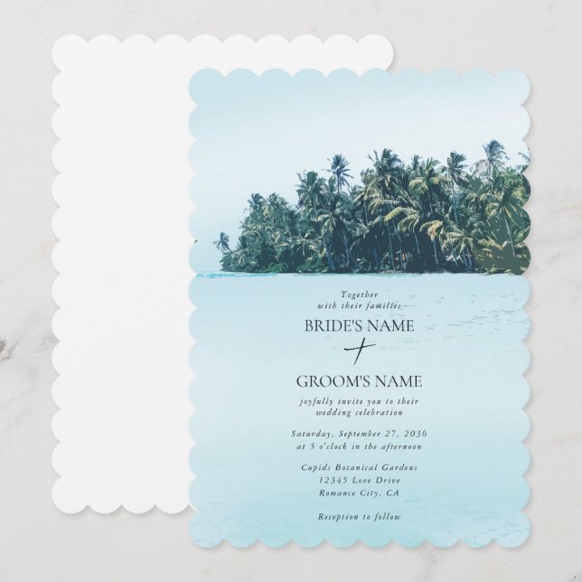Tropiskt Watercolor Handflatan & Beach Wedding Inbjudningar (Fram/baksida)
