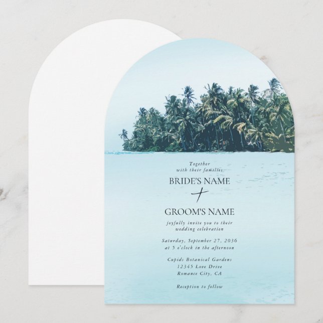 Tropiskt Watercolor Handflatan & Beach Wedding Inbjudningar (Fram/baksida)